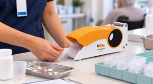 healthcare worker preparing medications using pill crusher