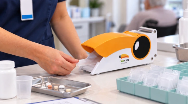 healthcare worker preparing medications using pill crusher